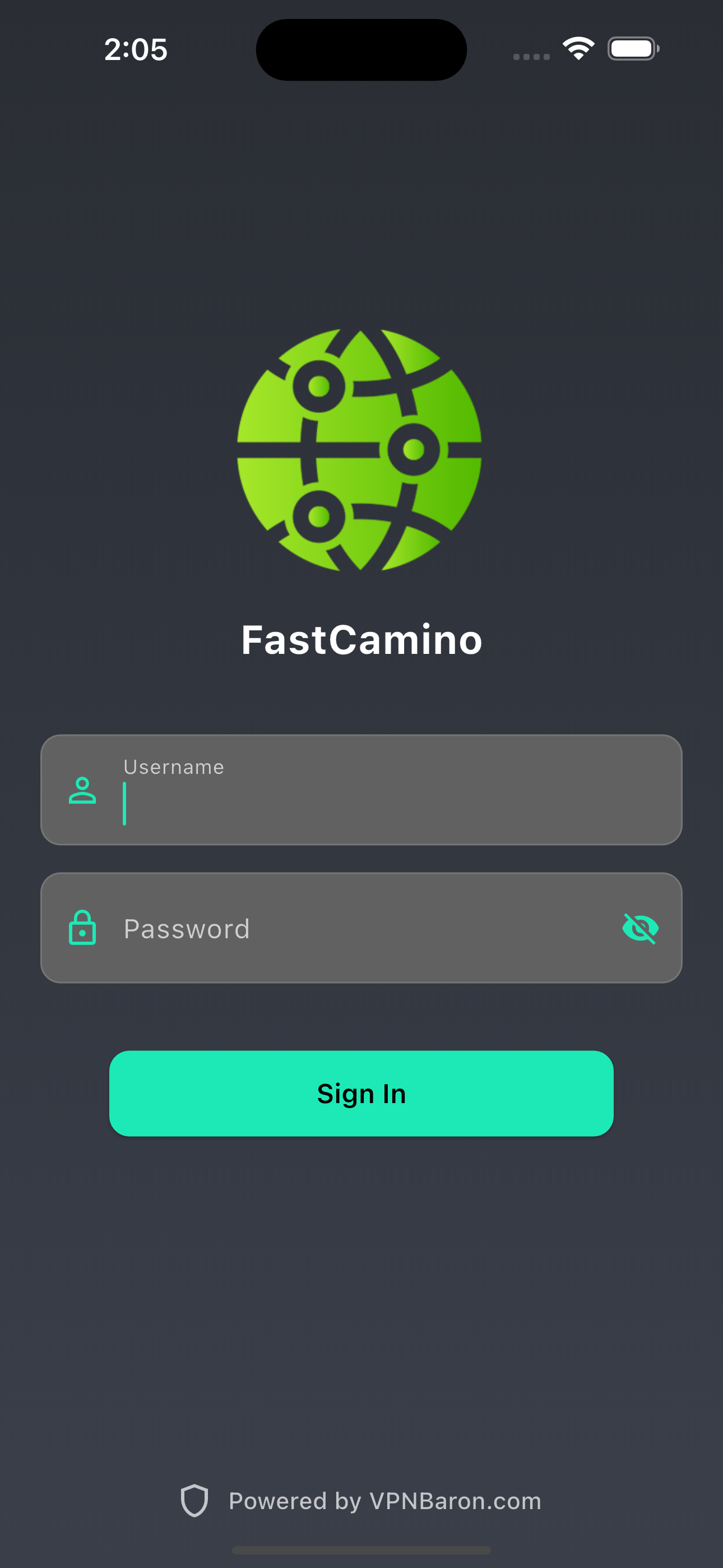 FastCamino VPN iOS Login Screen