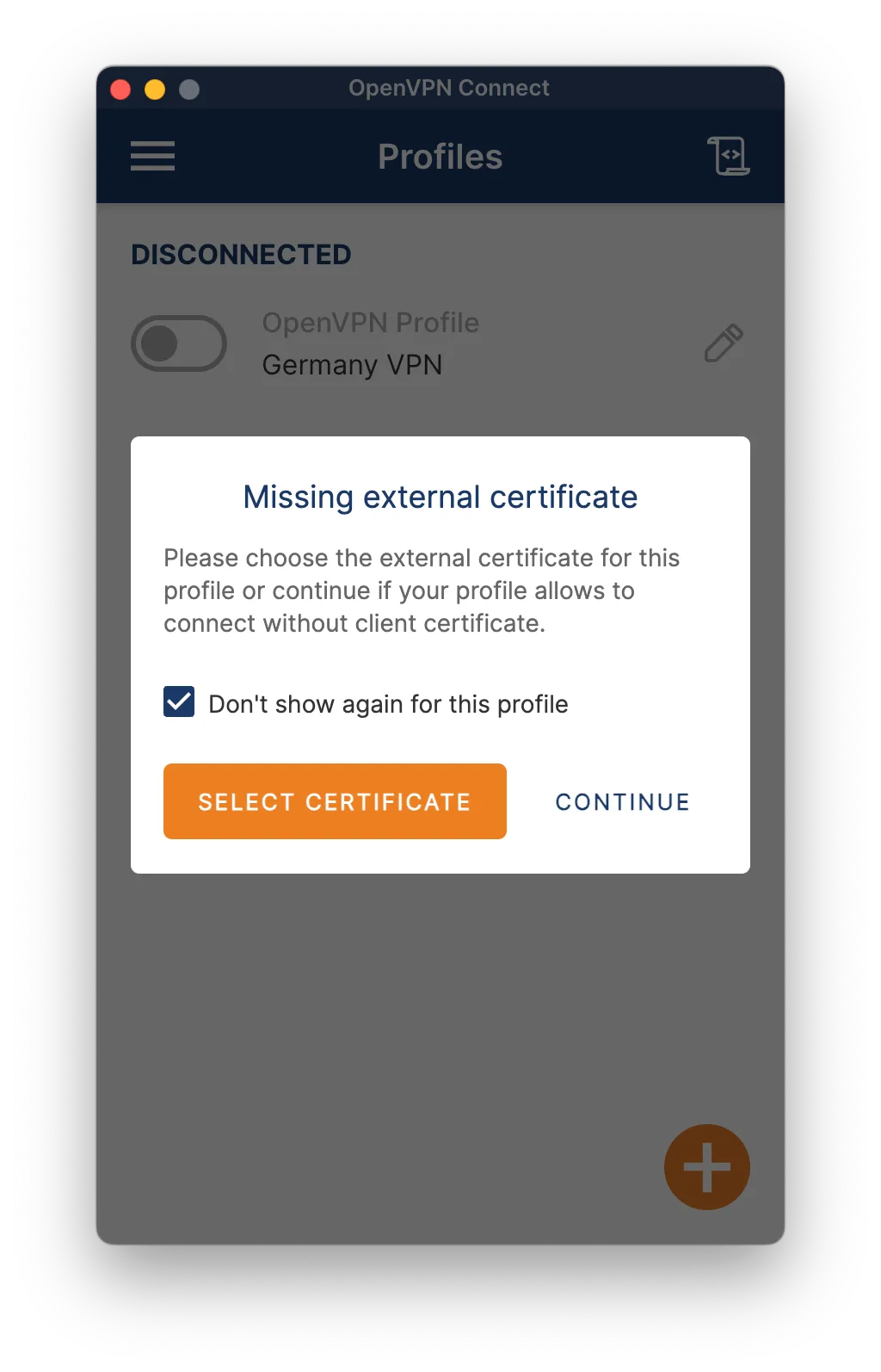 Click Continue on the missing certificate warning